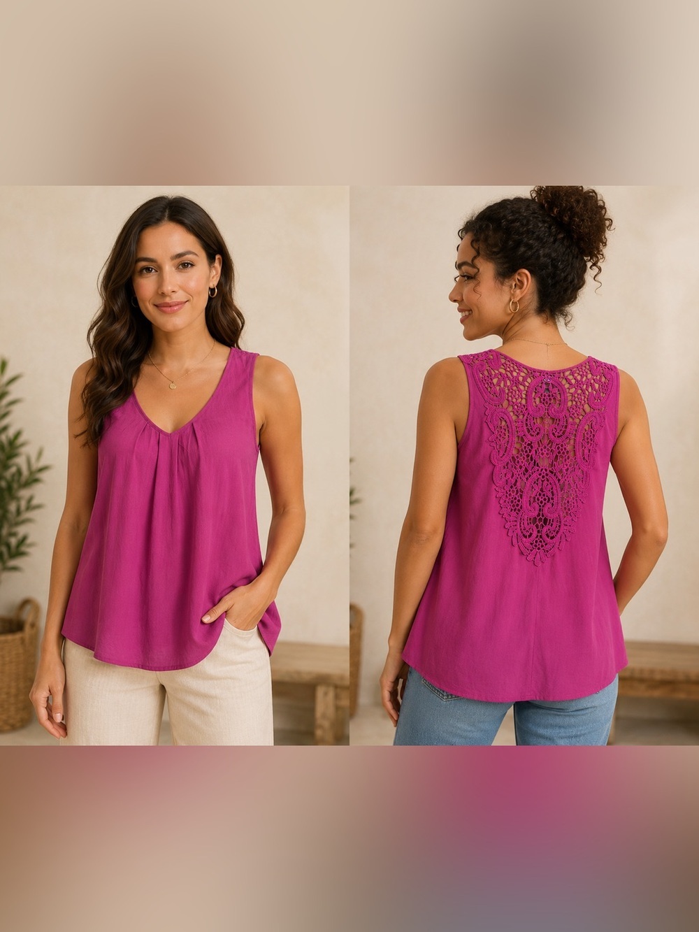 🌸ANA Women’s Magenta Sleeveless Top Crochet Lace Back Flowy Blouse Size M
